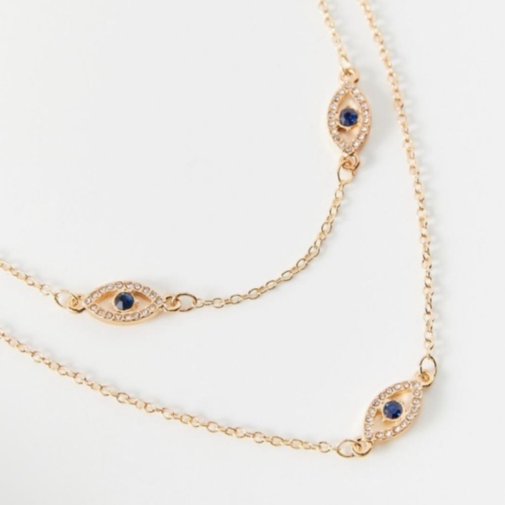 NWT New Urban Outfitters OU Gold/Blue Double Layer Evil Eye Pendant Necklace